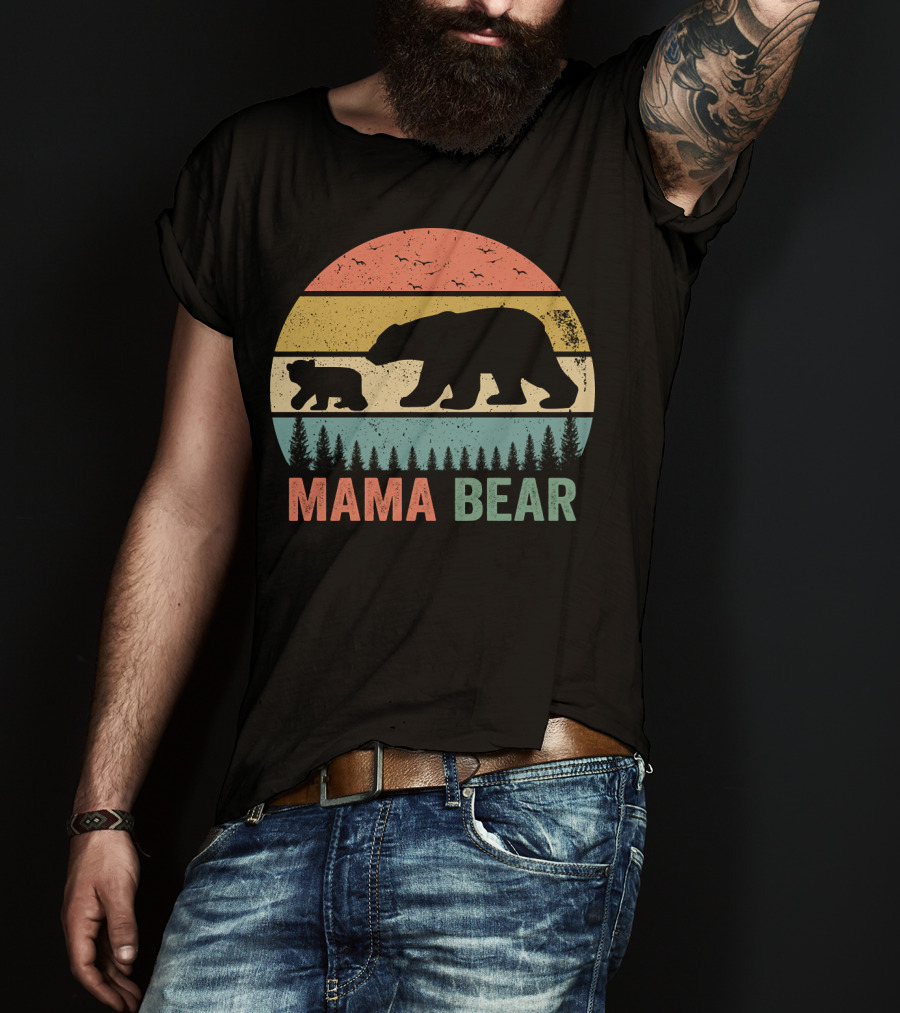 Mama Bear With Baby Cub Retro Sunset Silhouette Nature Scene T-Shirt