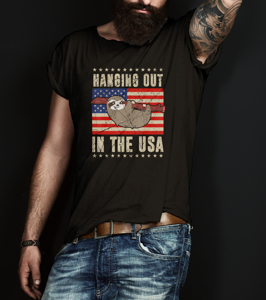 Sloth Hanging Out In The USA America Flag T-Shirt