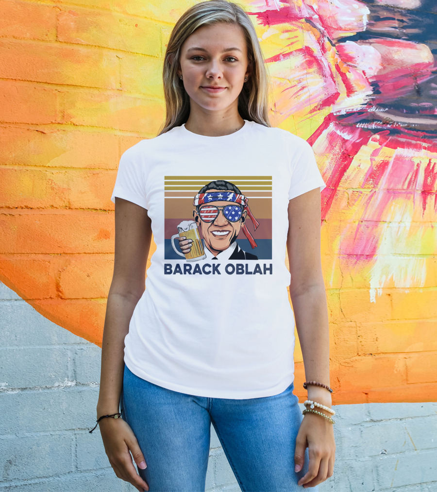 Barack Obama Oblah Drink Vintage USA Flag Headband And Stars Stripes Shades With Beer Mug T-Shirt