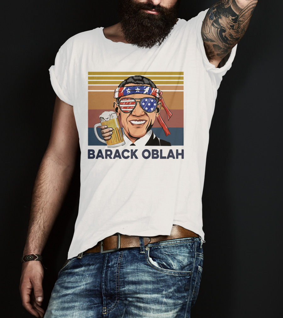 Barack Obama Oblah Drink Vintage USA Flag Headband And Stars Stripes Shades With Beer Mug T-Shirt