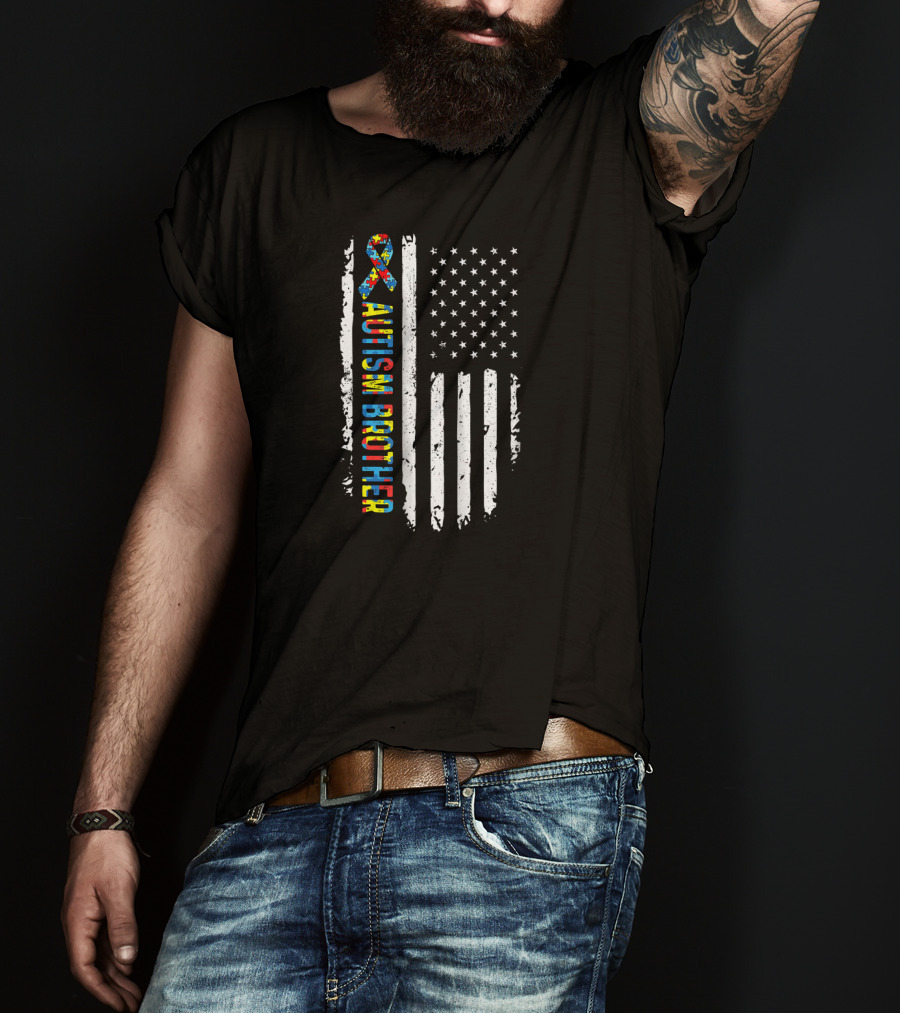 Autism Brother USA Flag Puzzle Ribbon Awareness T-Shirt