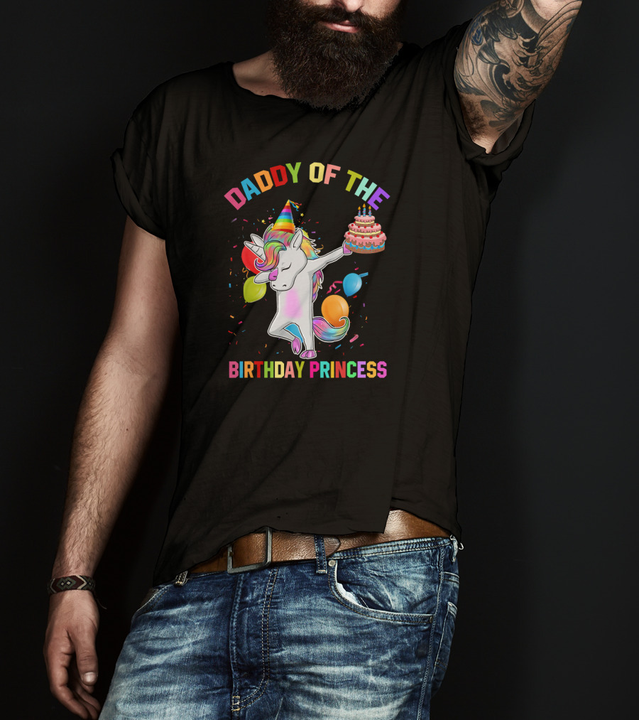 Daddy Of The Birthday Princess Unicorn Holding Cake With Party Hat And Confetti T-Shirt