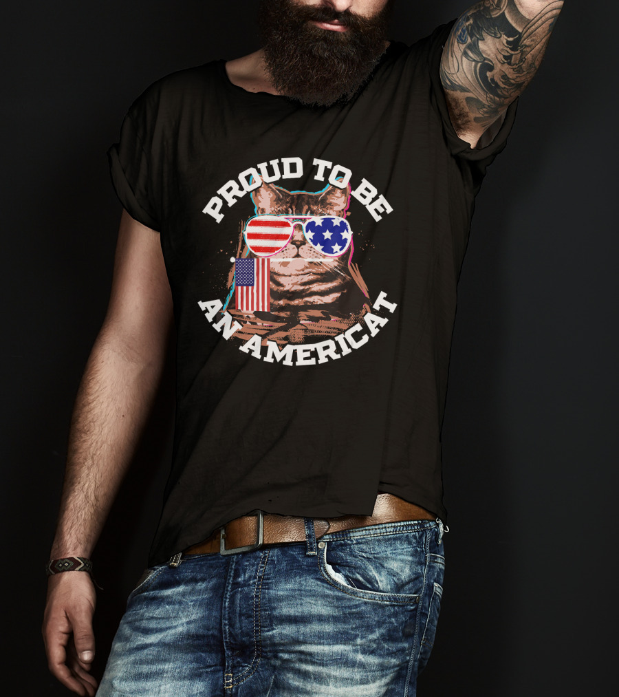 Proud To Be An Americat Cat US Flag Sunglasses T-Shirt