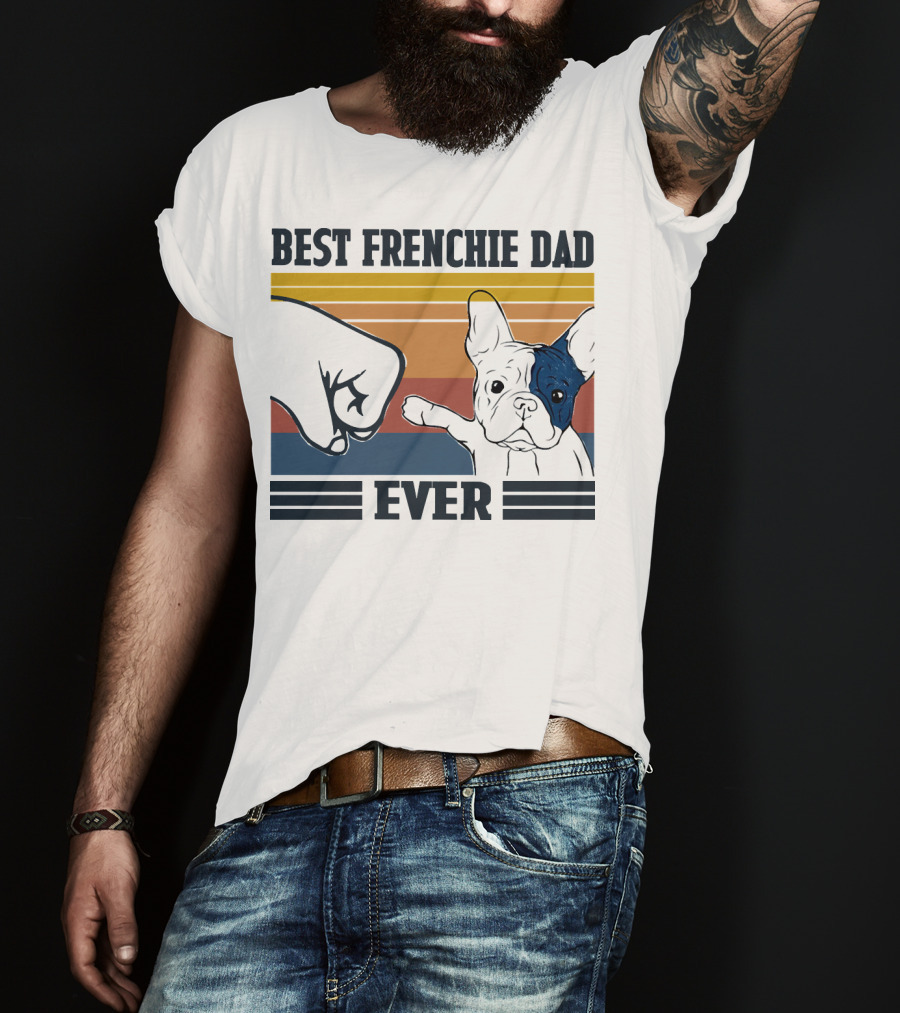 Best Frenchie Dad Ever Fist Bump Retro Stripes Dog Punch Paw Puppy T-Shirt
