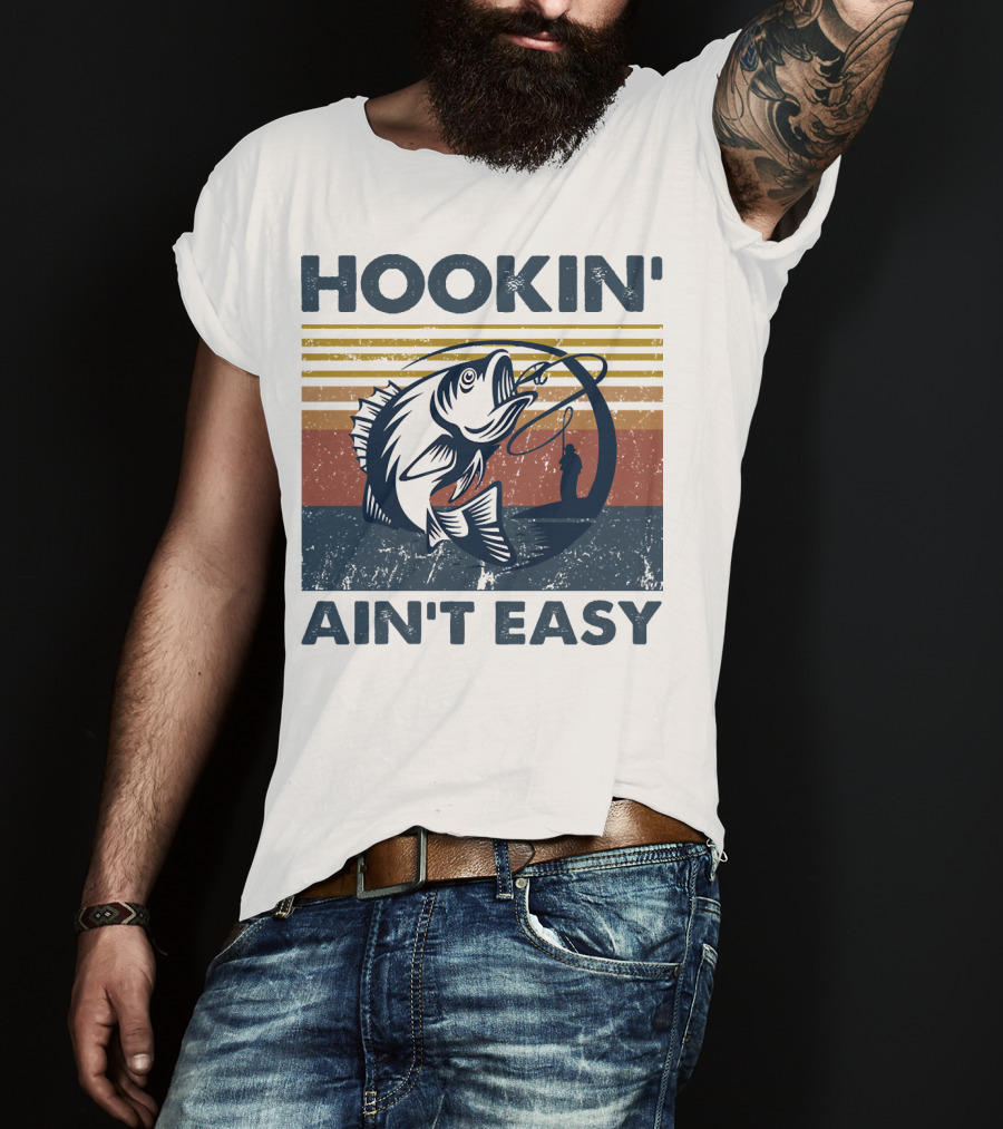 Hookin' Ain't Easy Vintage Fishing Graphic With Striped Sunset And Angler T-Shirt