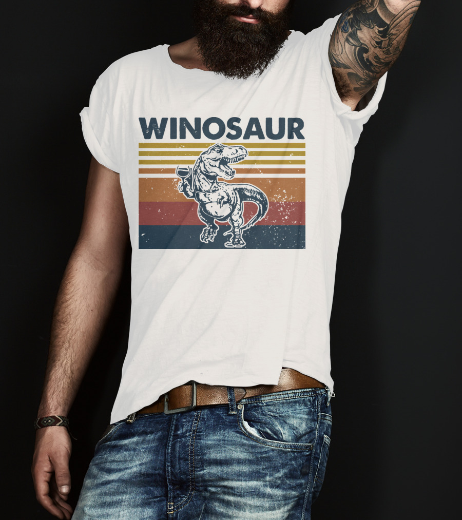 Winosaur Dinosaur With Wine Glass Retro Stripes T-Shirt