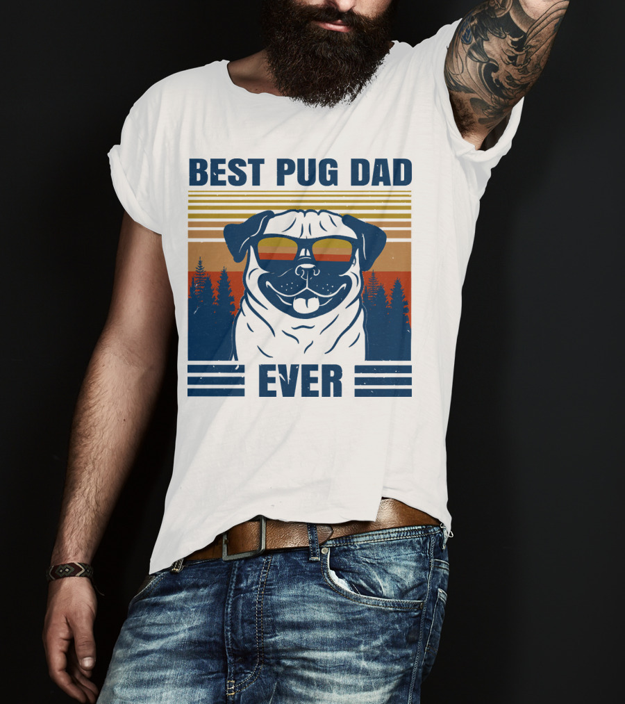 Best Pug Dad Ever Vintage Sunset Forest Retro T-Shirt