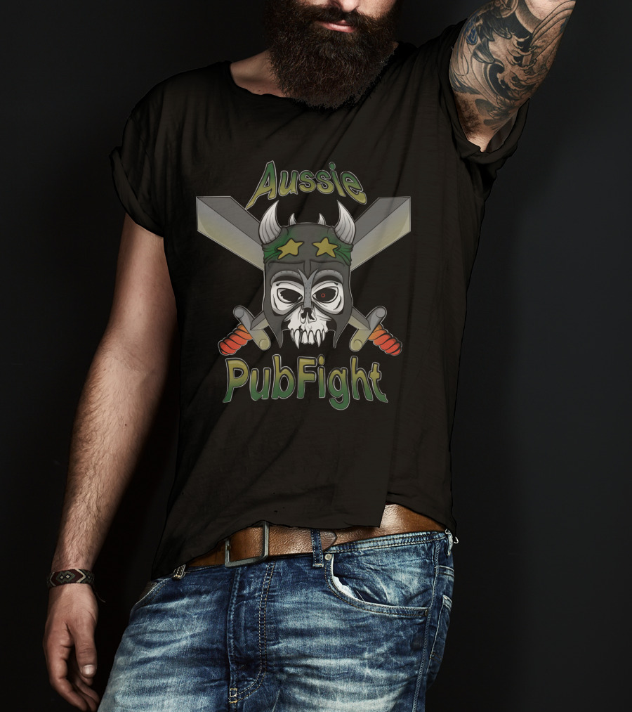 Aussie PubFight Skull Crossbones Viking Helmet Swords T-Shirt