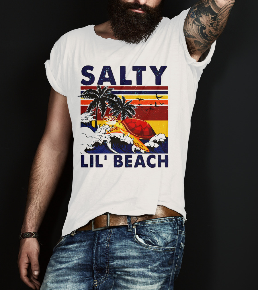 Salty Lil Beach Turtle Vintage Summer Retro Waves And Palms T-Shirt