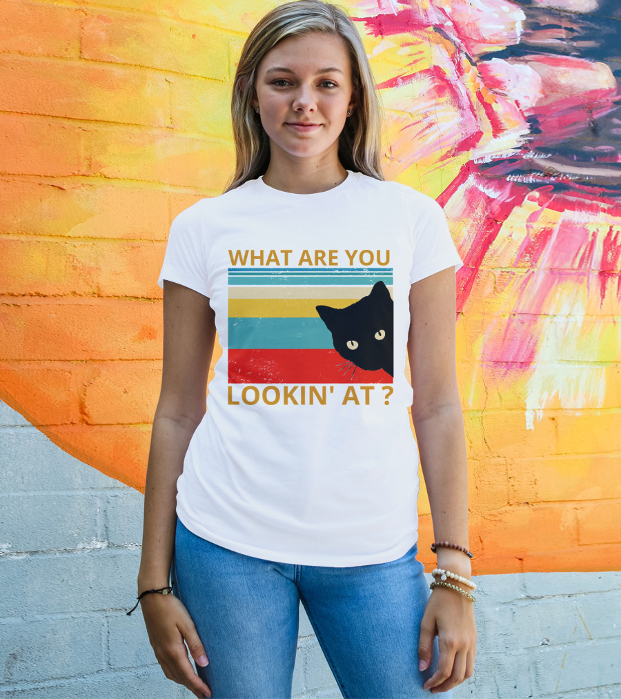 What Are You Lookin' At Black Cat Vintage Stripes T-Shirt