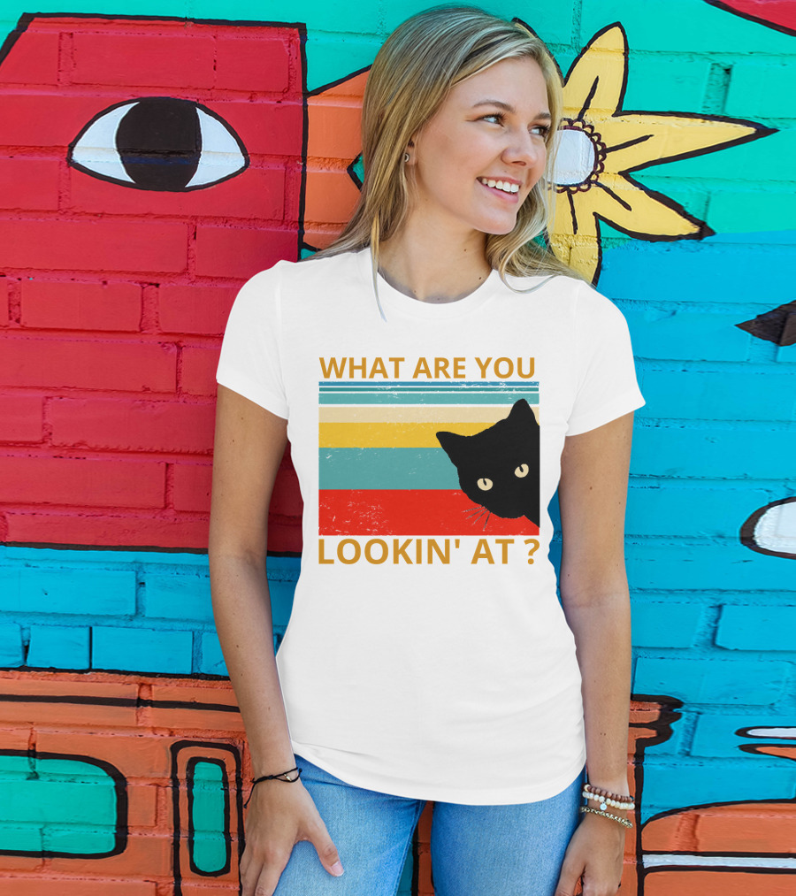 What Are You Lookin' At Black Cat Vintage Stripes T-Shirt