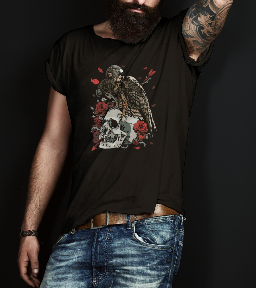 Hawk Skull Roses Day Of The Dead T-Shirt