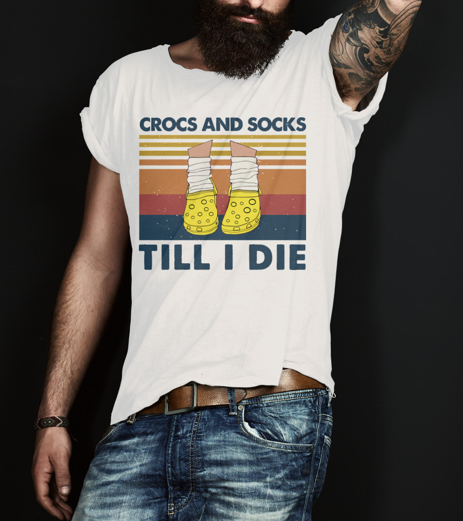 Crocs And Socks Till I Die Yellow Footwear Retro Stripes T-Shirt