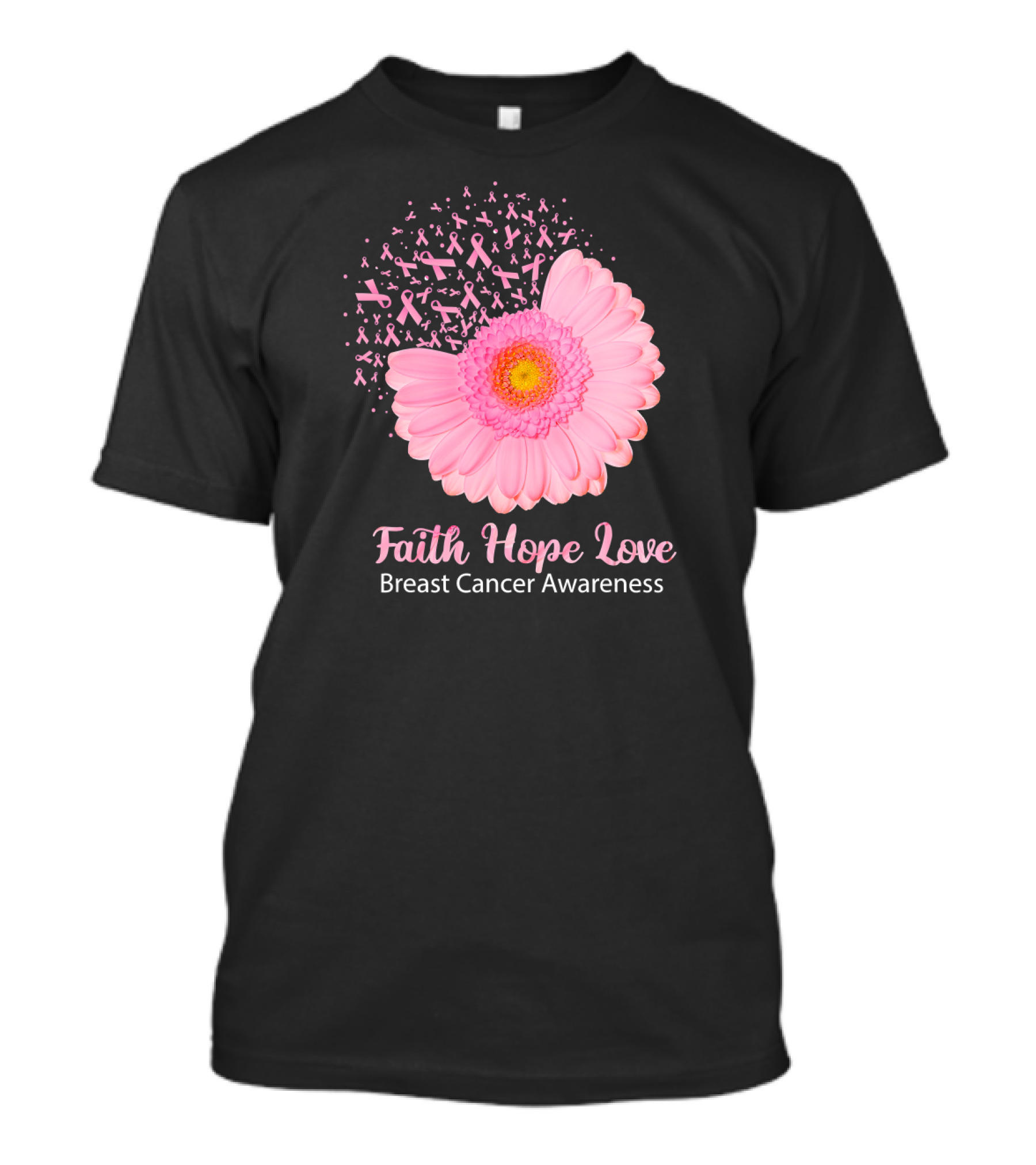 Faith Hope Love Pink Ribbon Florals Breast Cancer Awareness T-Shirt