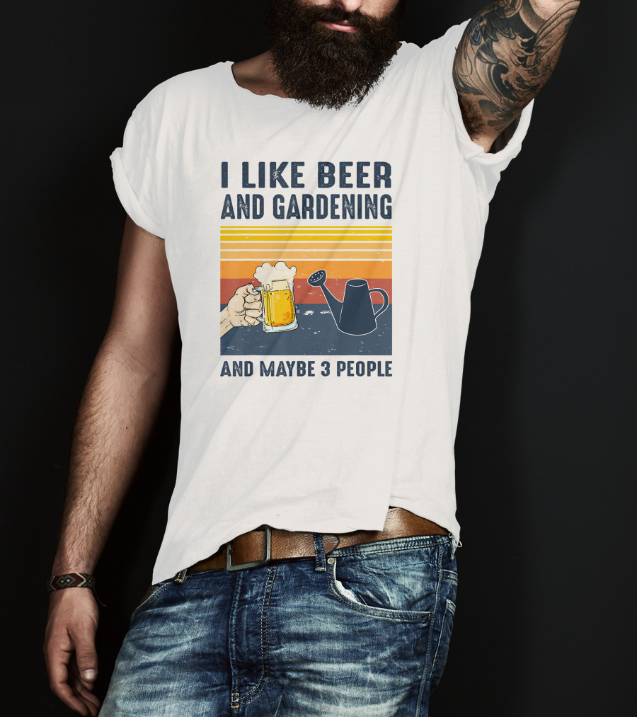 I Like Beer And Gardening And Maybe 3 People Vintage Retro Stripes Watering Can And Beer Mug T-Shirt