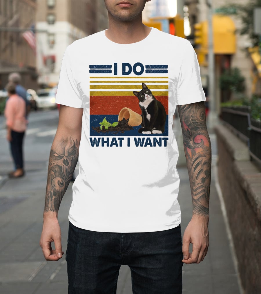 Tuxedo Kitty I Do What I Want Retro Stripes Plant Cup Soil T-Shirt