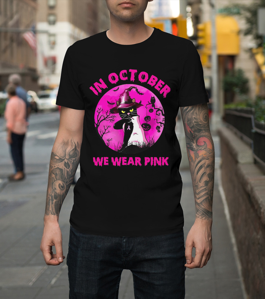 In October We Wear Pink Black Cat Witch Hat Pumpkin Breast Cancer Awareness T-Shirt