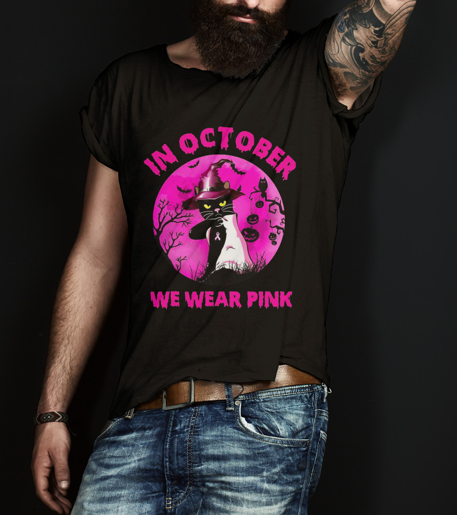 In October We Wear Pink Black Cat Witch Hat Pumpkin Breast Cancer Awareness T-Shirt