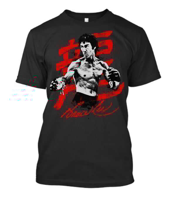 Bruce Lee Fighting Pose With Red Kanji Background T-Shirt