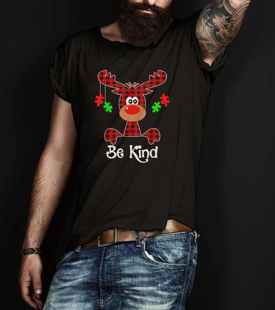Be Kind Red Plaid Reindeer With Green Puzzle Pieces T-Shirt