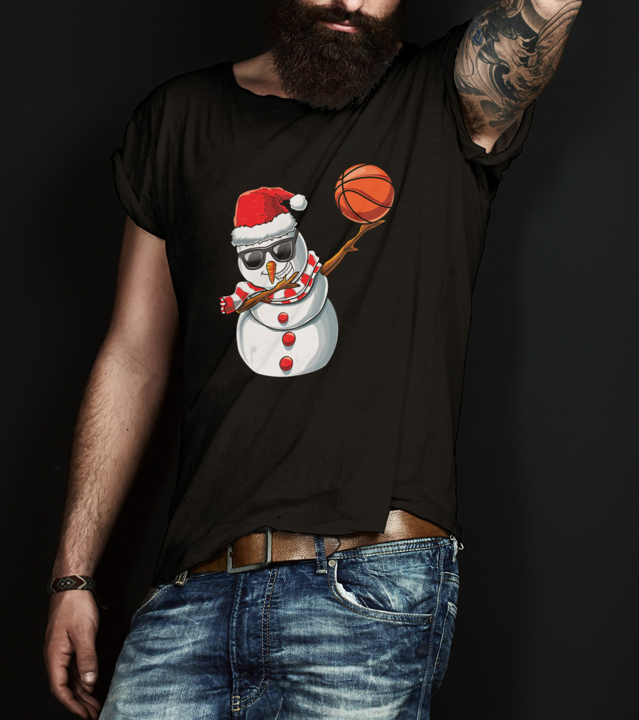 Christmas Snowman Dabbing Basketball Santa Scarf Glasses T-Shirt