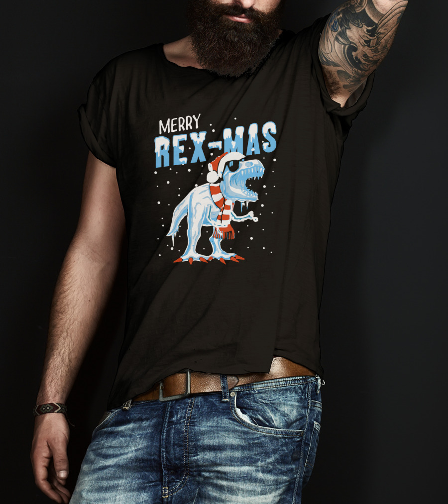 Merry Rexmas Christmas Dinosaur Wearing Santa Hat And Scarf T-Shirt
