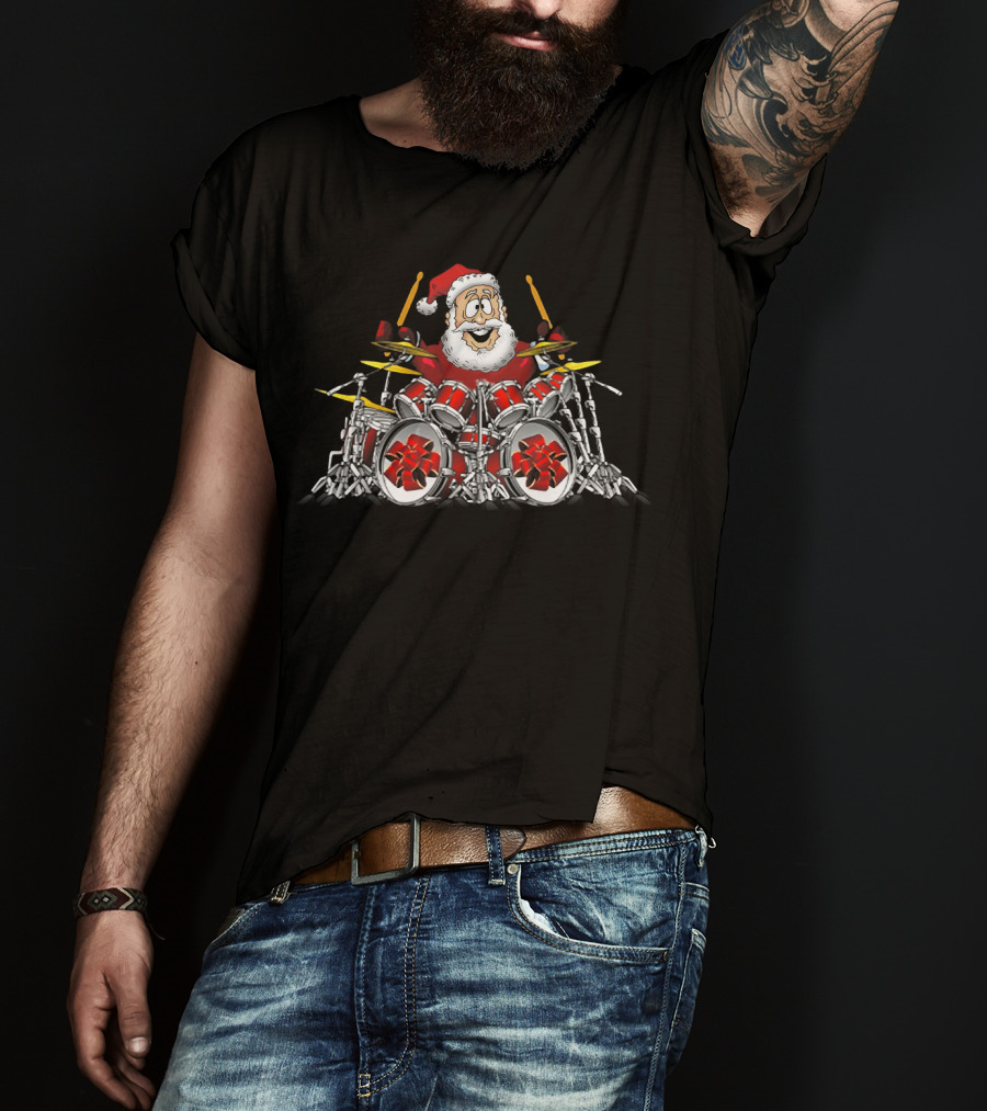 Christmas Santa Drummer Playing Red Drum Kit T-Shirt