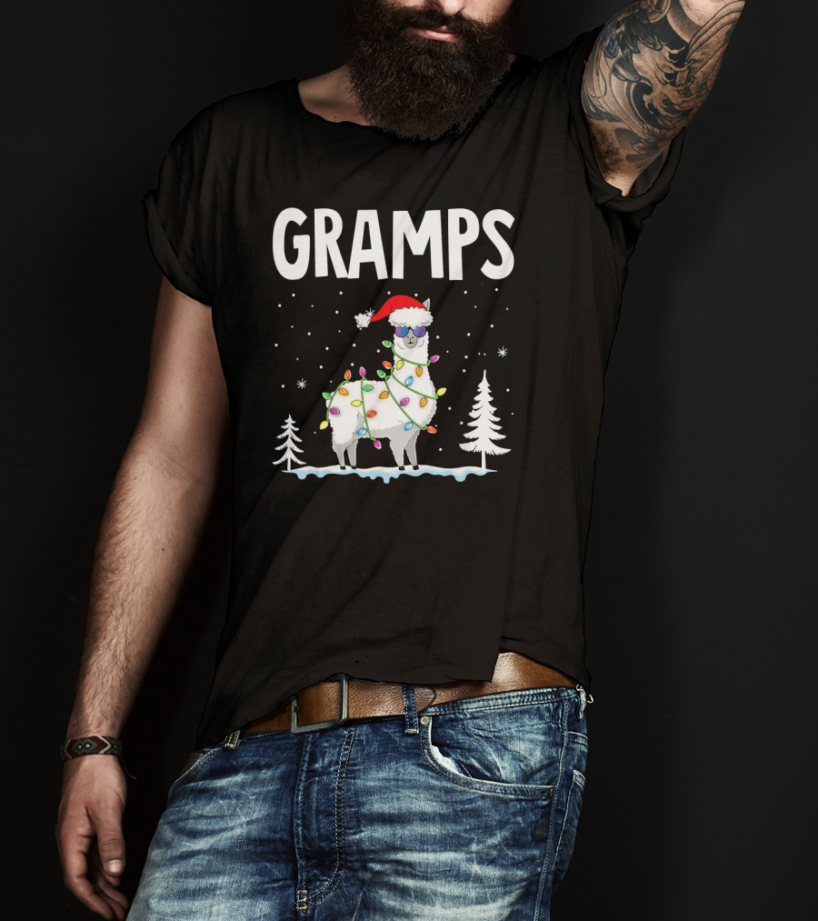 GRAMPS Llama Christmas Lights Holiday Snow Santa Hat T-Shirt