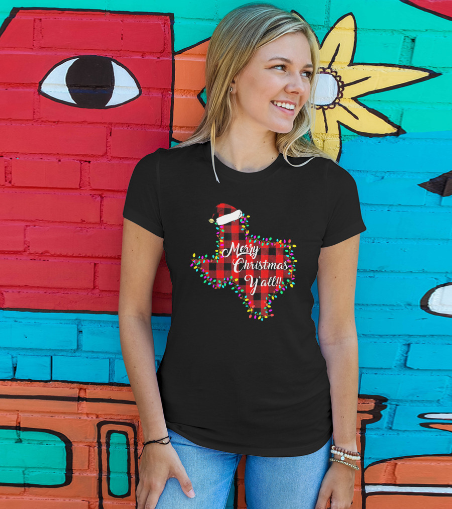 Texas Merry Christmas Y'All Plaid Lights T-Shirt