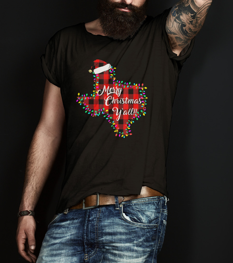 Texas Merry Christmas Y'All Plaid Lights T-Shirt
