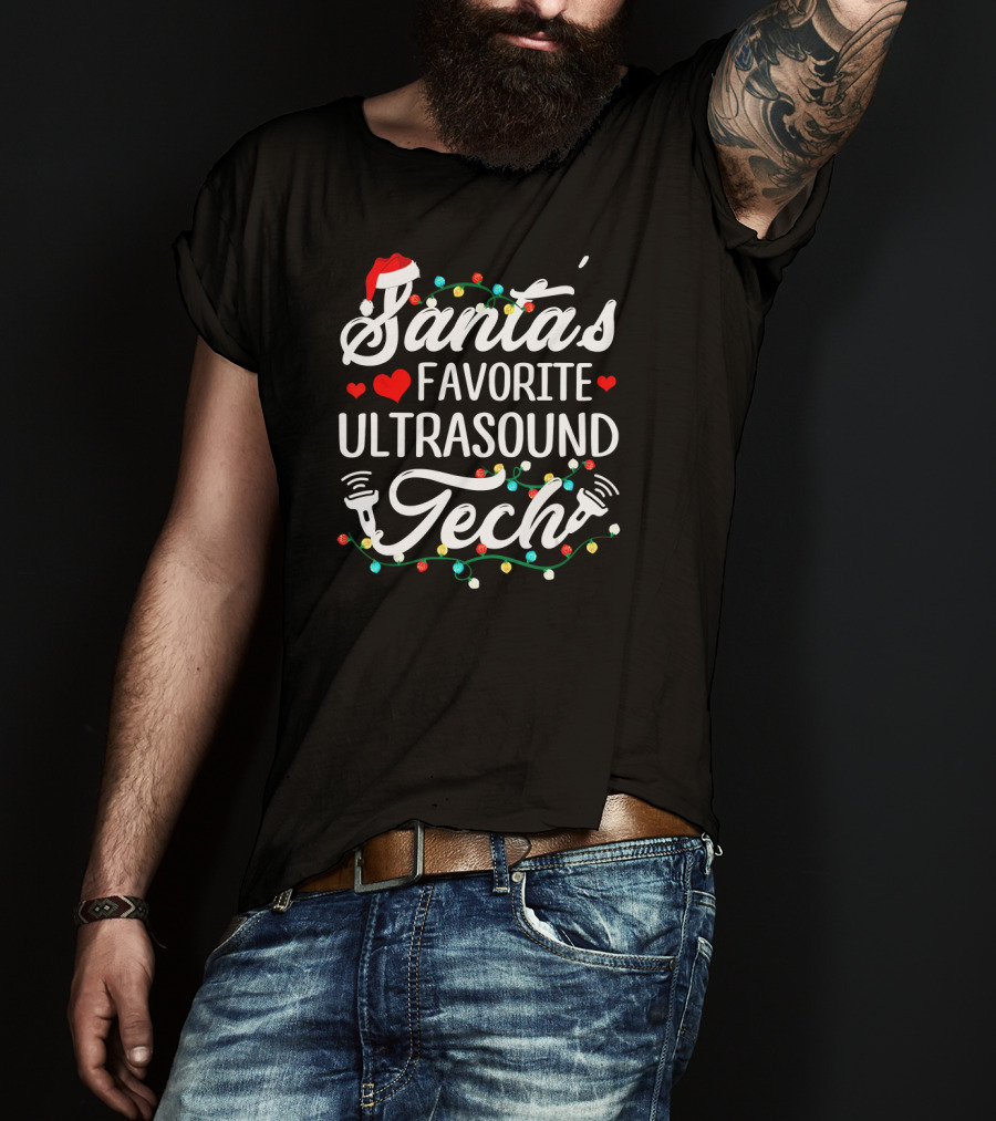 Santa's Favorite Ultrasound Tech Christmas Lights Santa Hat Hearts T-Shirt