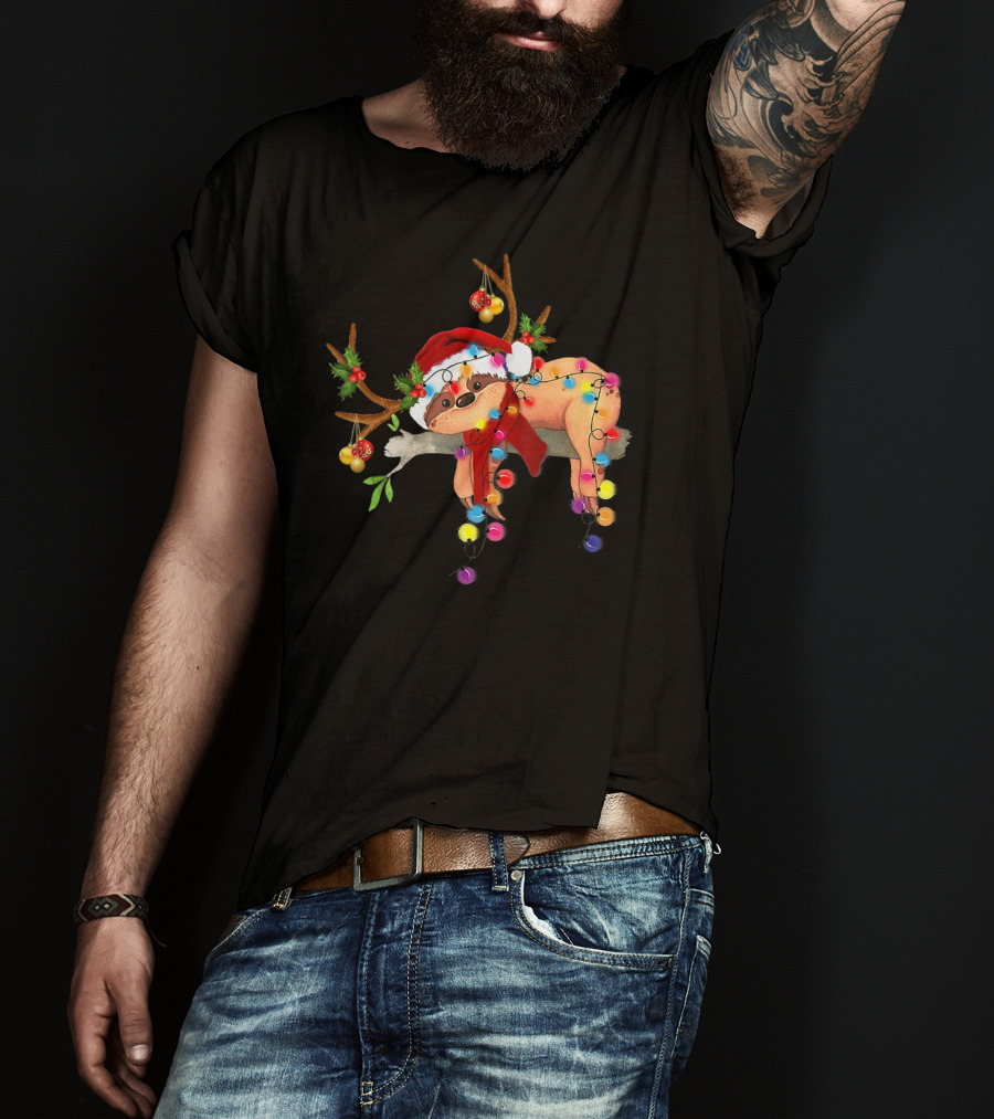 Santa Sloth With Gorgeous Reindeer Antlers And Christmas Lights T-Shirt