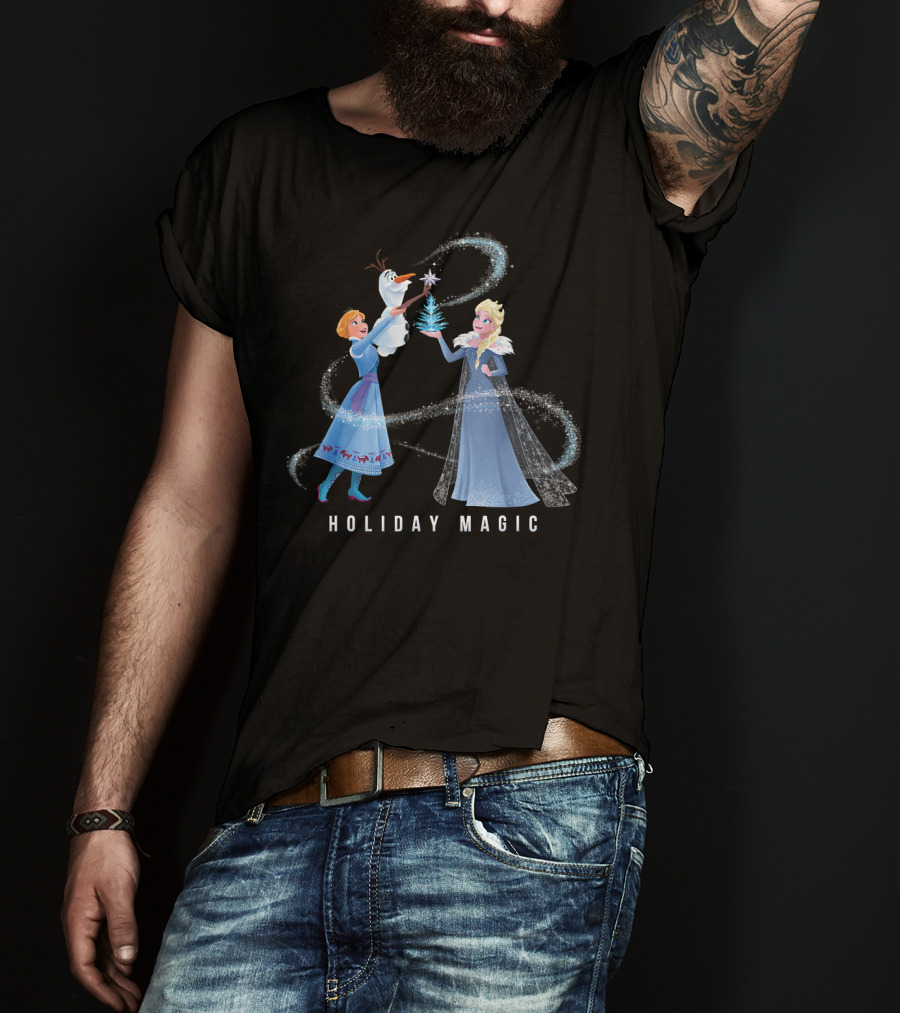 Disney Frozen Elsa Anna Olaf Holiday Magic Sparkling Winter Scene T-Shirt