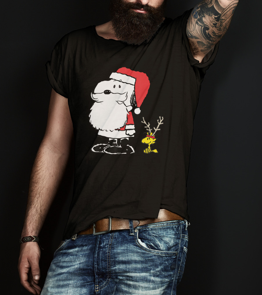 Peanuts Snoopy And Woodstock In Santa And Antlers Holiday Shop T-Shirt