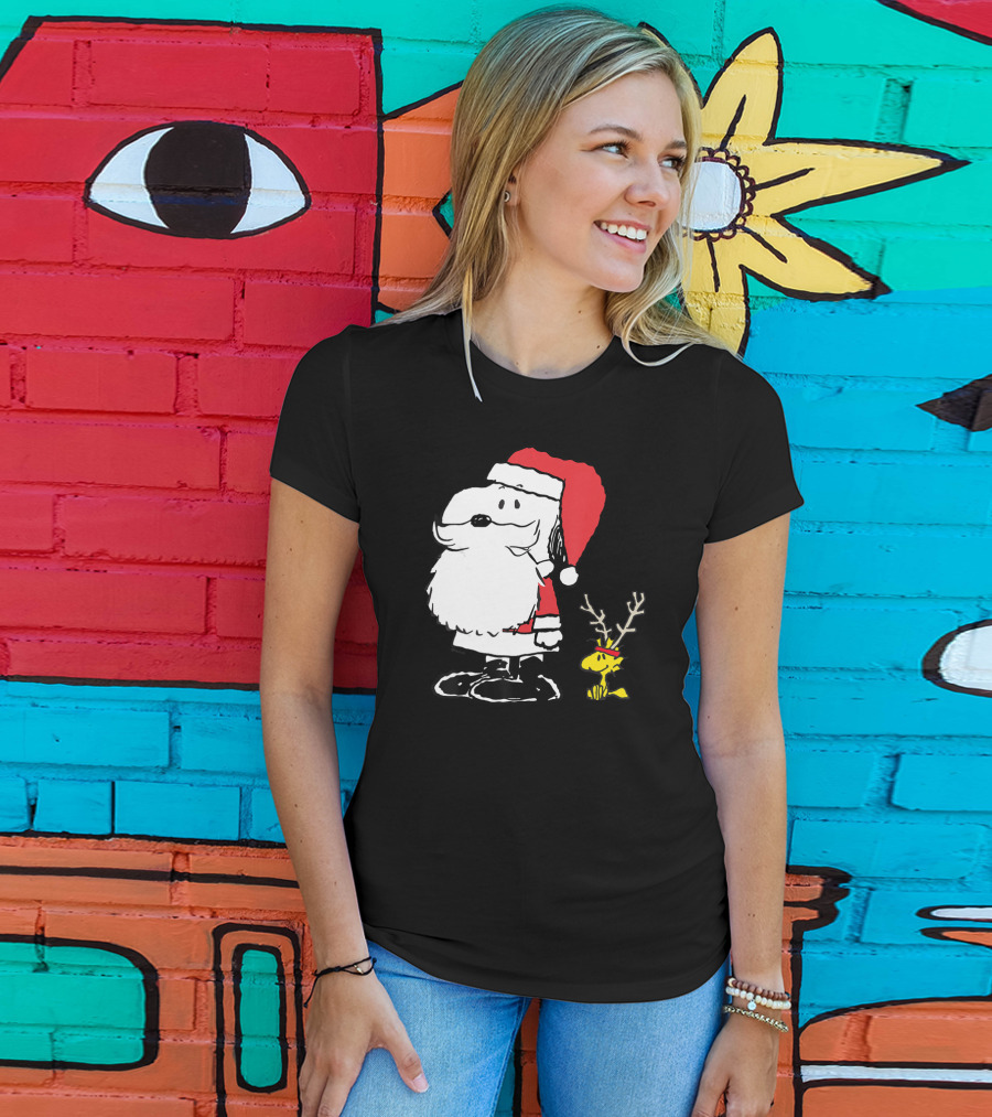 Snoopy Santa With Woodstock Antlers Peanuts Holiday T-Shirt