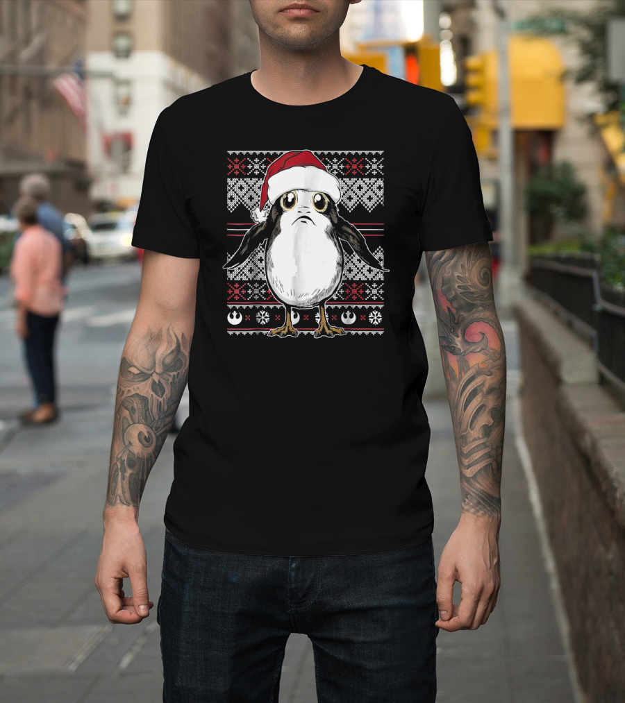 Star Wars Porg Santa Hat Christmas Sweater Pattern Rebel Alliance Snowflakes T-Shirt
