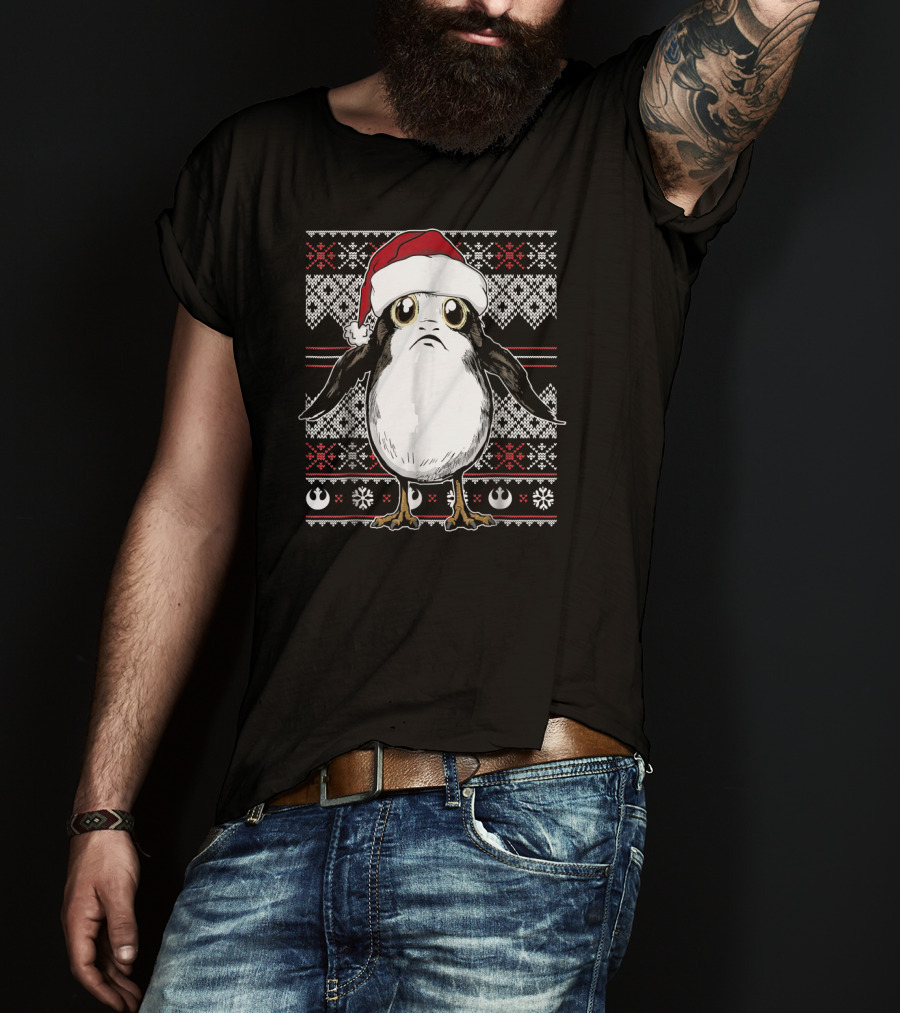 Star Wars Porg Santa Hat Christmas Sweater Pattern Rebel Alliance Snowflakes T-Shirt