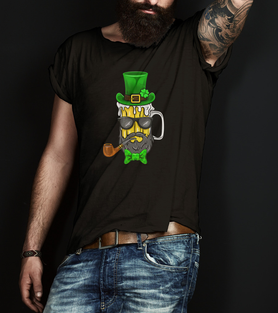 St Patricks Day Leprechaun Beer Mug With Beard And Green Hat T-Shirt