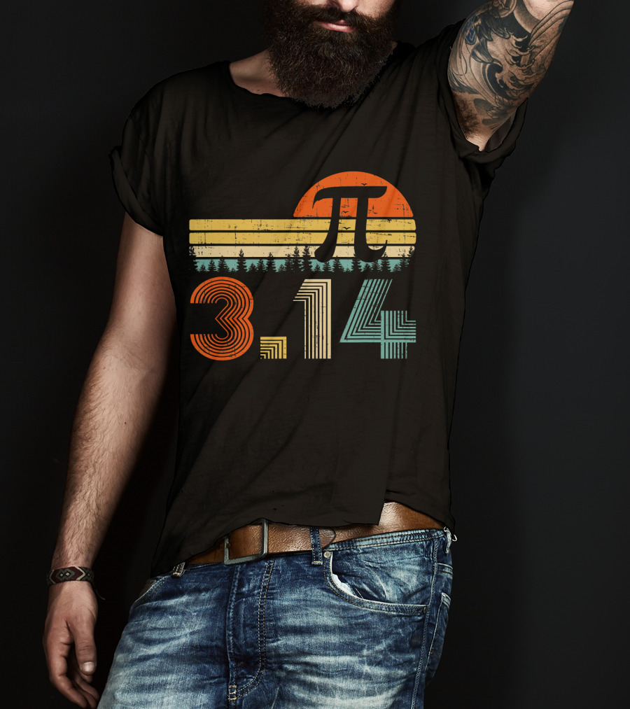 Pi Day Math Teacher 3.14 Retro Sunset Forest T-Shirt