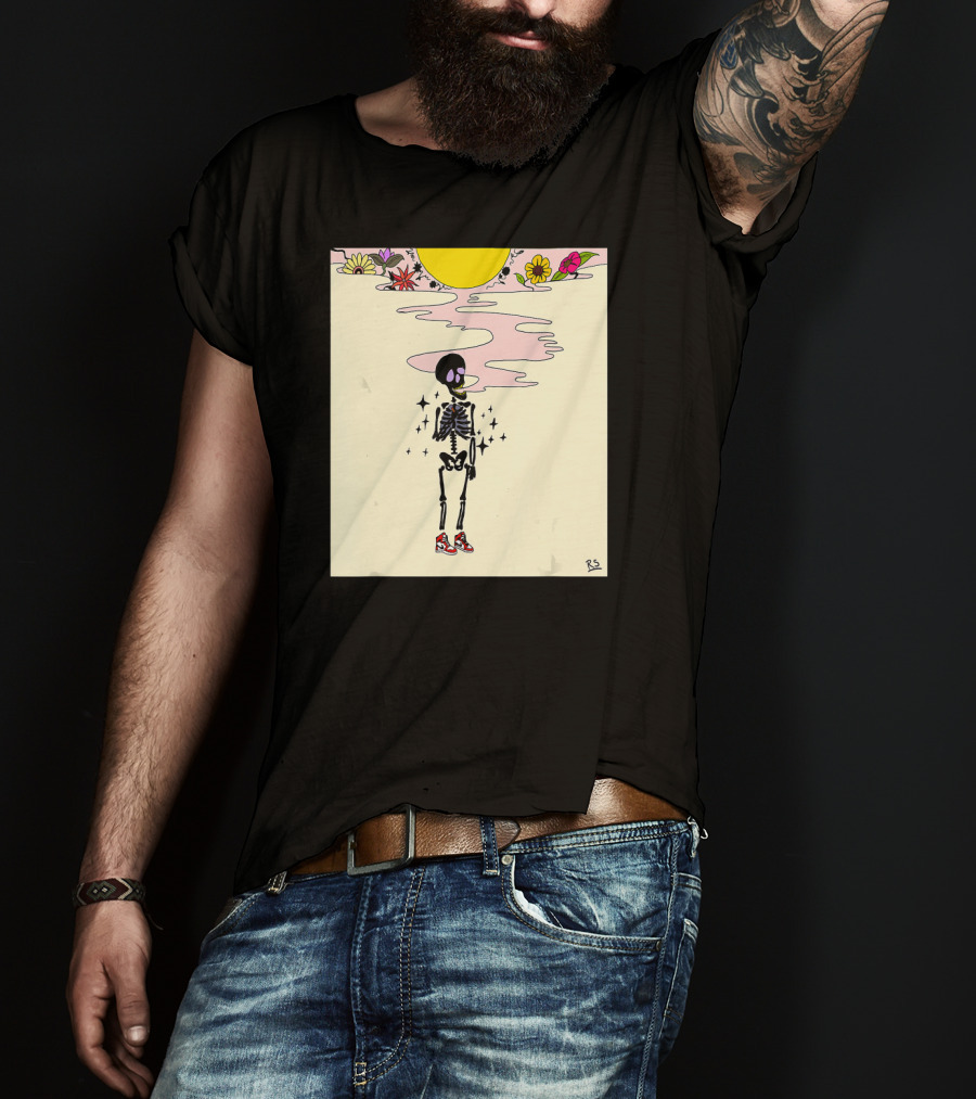 Smoking Skeleton Sun Flowers Sneakers Graphic Fashion T-Shirt