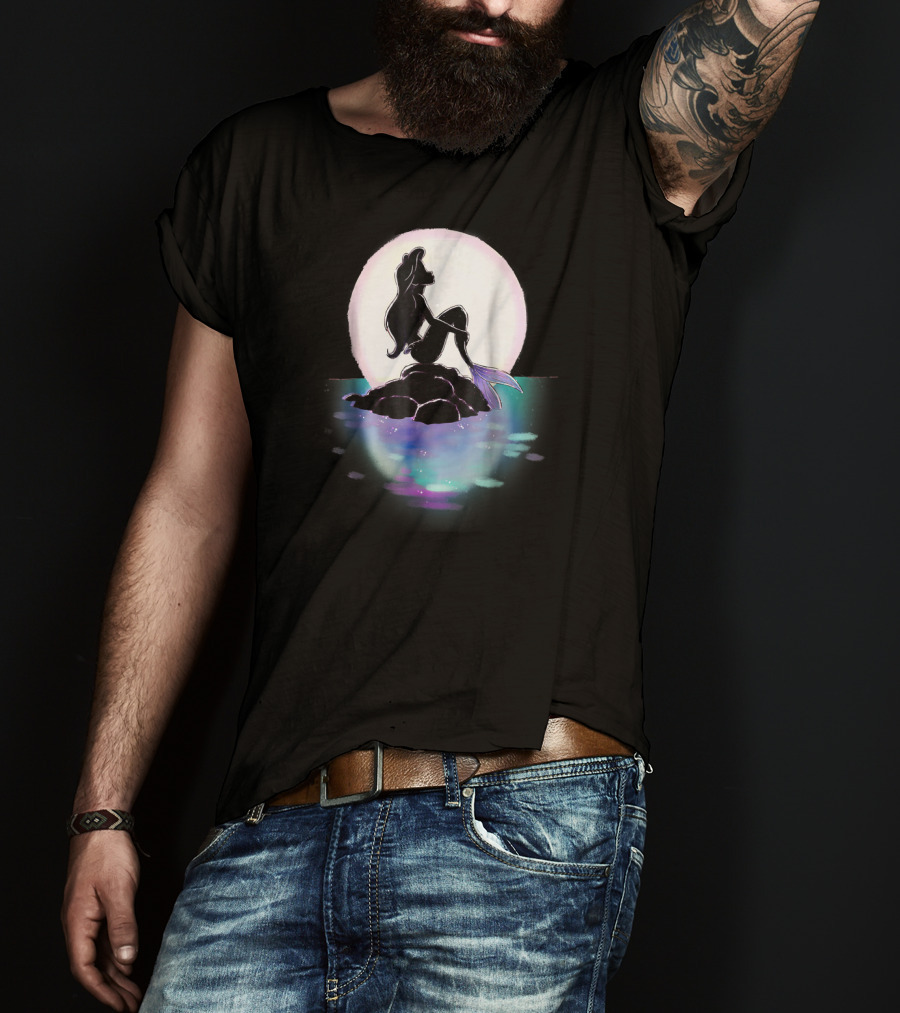 Disney Ariel Little Mermaid Silhouette Against Colorful Sunset Moon T-Shirt