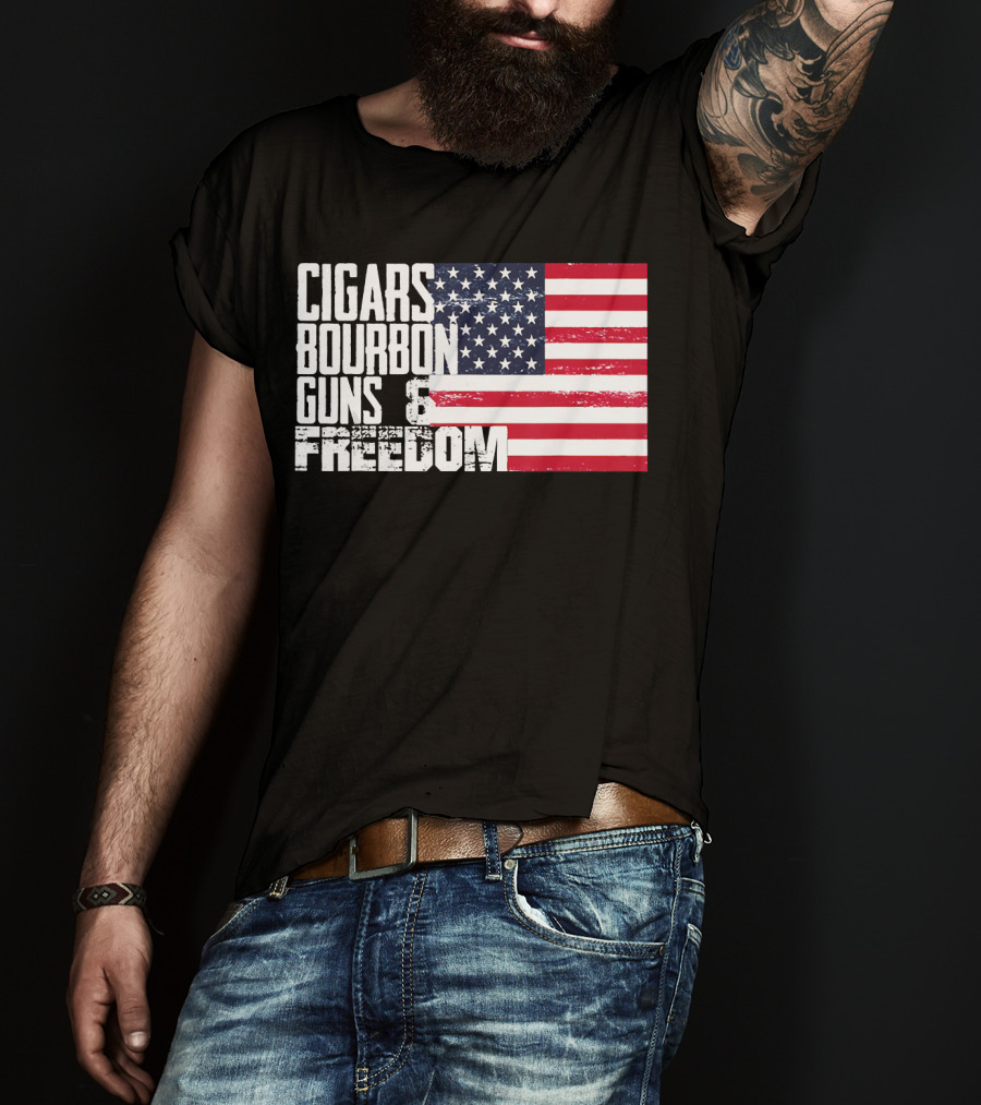 Cigars Bourbon Guns Freedom American Flag T-Shirt
