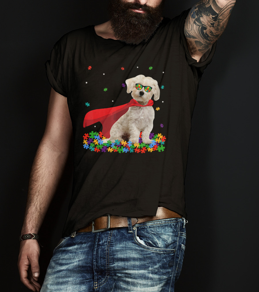 Superhero Maltese Dog Puzzle Pieces Autism Awareness T-Shirt