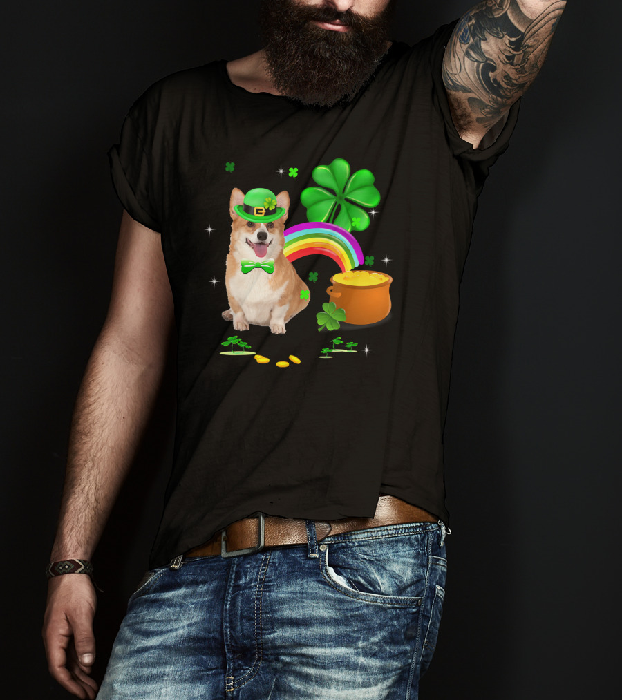Corgi Dog Shamrock St Patricks Day Leprechaun Rainbow Pot Of Gold T-Shirt