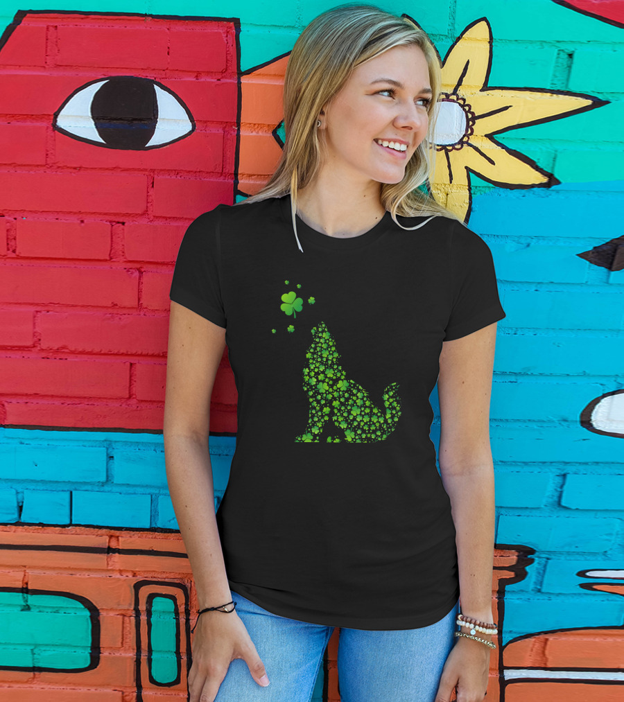 Shamrock Patterned Wolf With Clover Accents T-Shirt