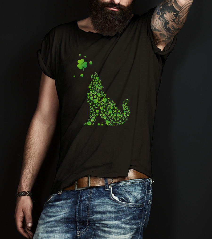Shamrock Patterned Wolf With Clover Accents T-Shirt
