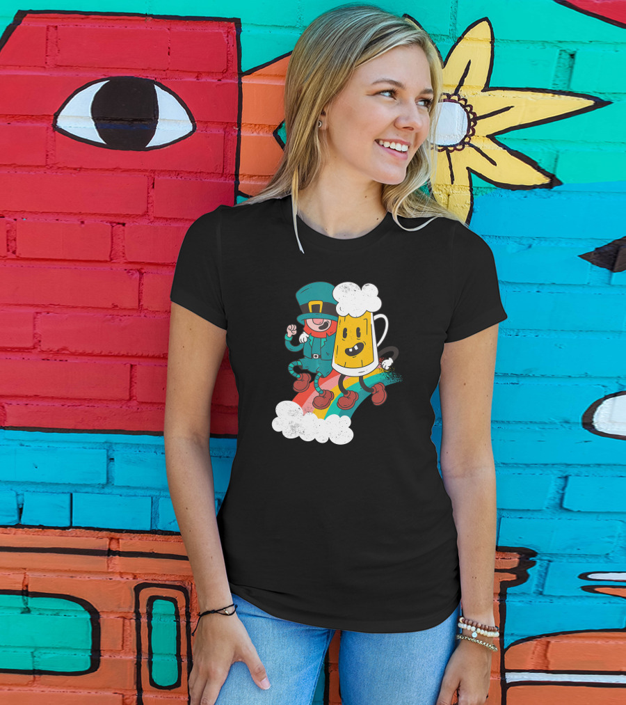 Leprechaun And Beer Besties Riding Rainbow With Clouds T-Shirt
