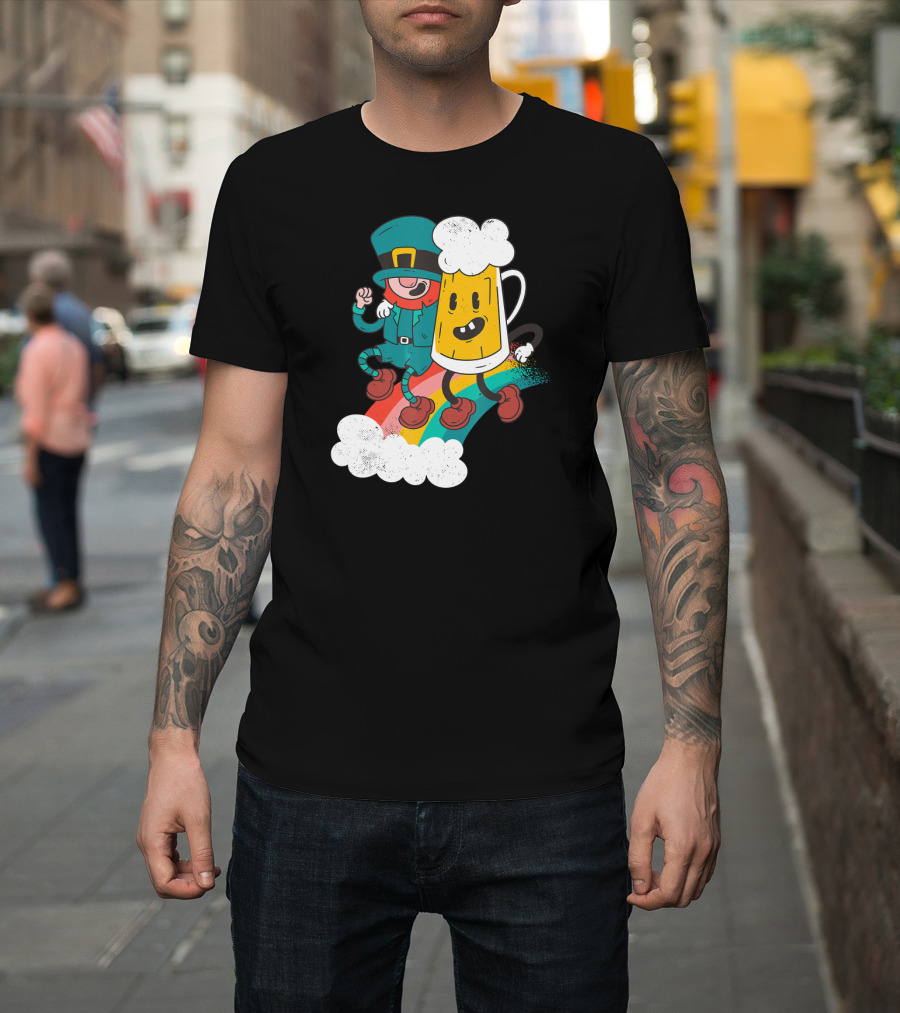 Leprechaun And Beer Besties Riding Rainbow With Clouds T-Shirt