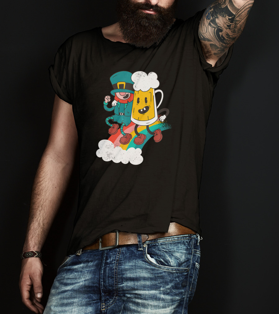 Leprechaun And Beer Besties Riding Rainbow With Clouds T-Shirt