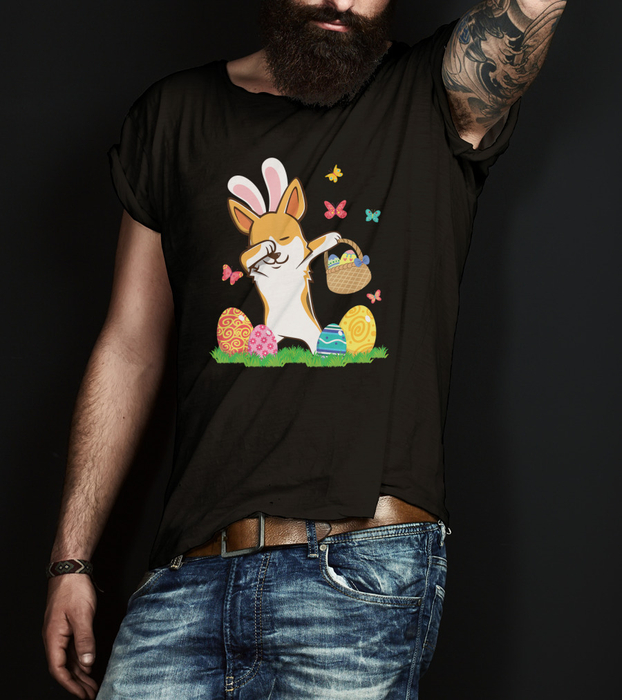 Corgi Bunny Dog Dabbing With Colorful Easter Eggs And Butterflies T-Shirt